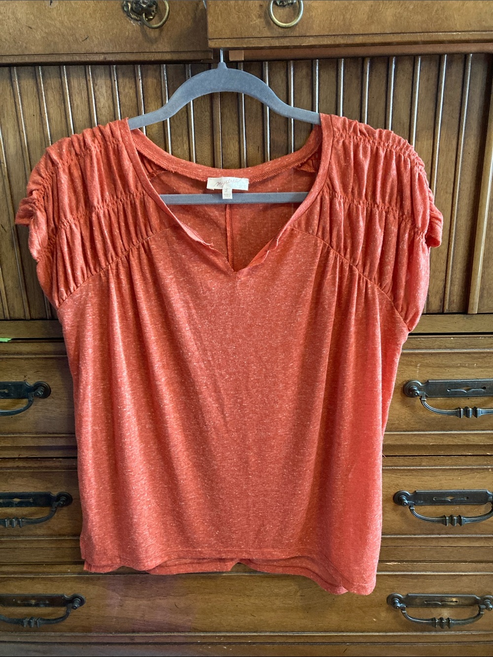 MYSTREE Pumpkin Tee with ruched shoulders-  v-neck